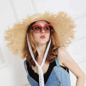Lace strap straw hat bow wide grass female summer cap beach visor outdoor holiday beach sun protection hat Collapsible