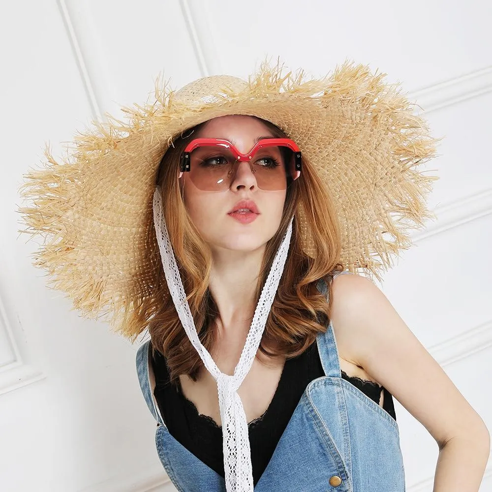 Lace strap straw hat bow wide grass female summer cap beach visor outdoor holiday beach sun protection hat Collapsible