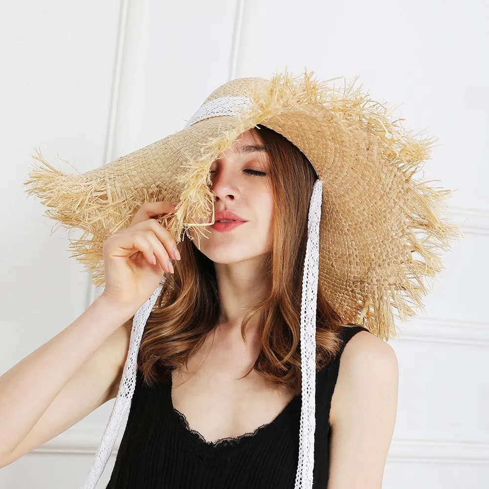 Lace strap straw hat bow wide grass female summer cap beach visor outdoor holiday beach sun protection hat Collapsible