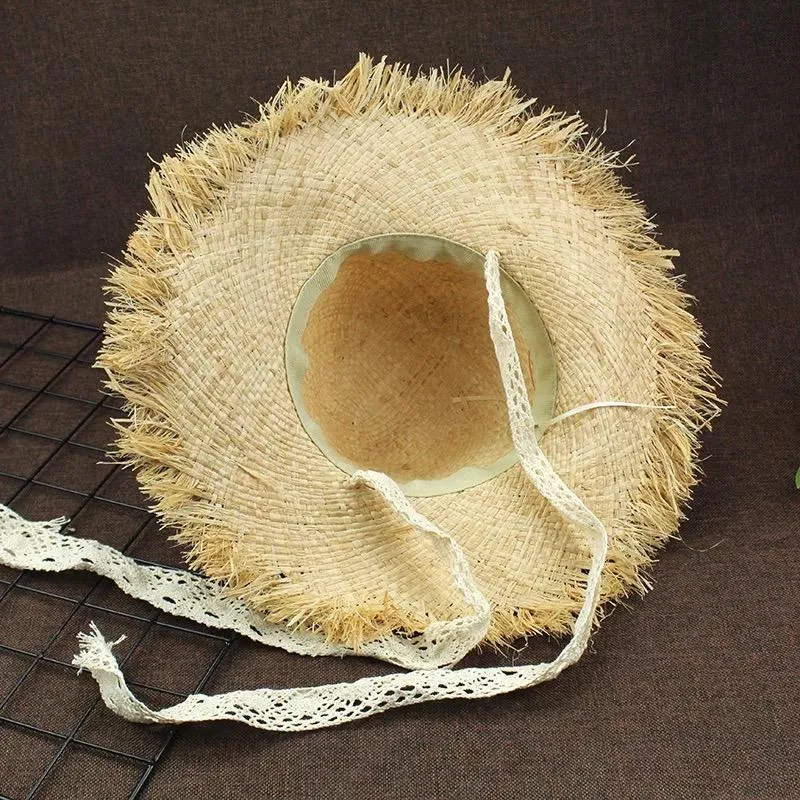 Lace strap straw hat bow wide grass female summer cap beach visor outdoor holiday beach sun protection hat Collapsible