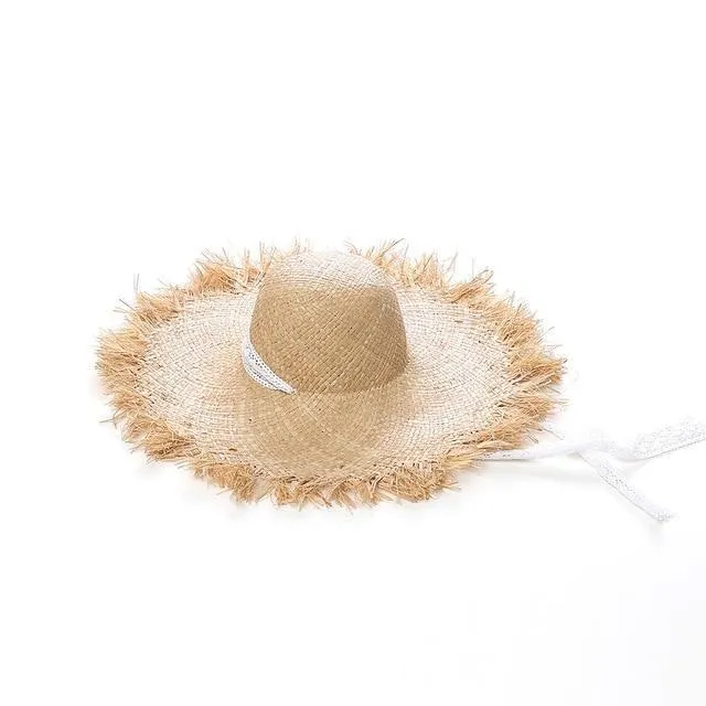 Lace strap straw hat bow wide grass female summer cap beach visor outdoor holiday beach sun protection hat Collapsible
