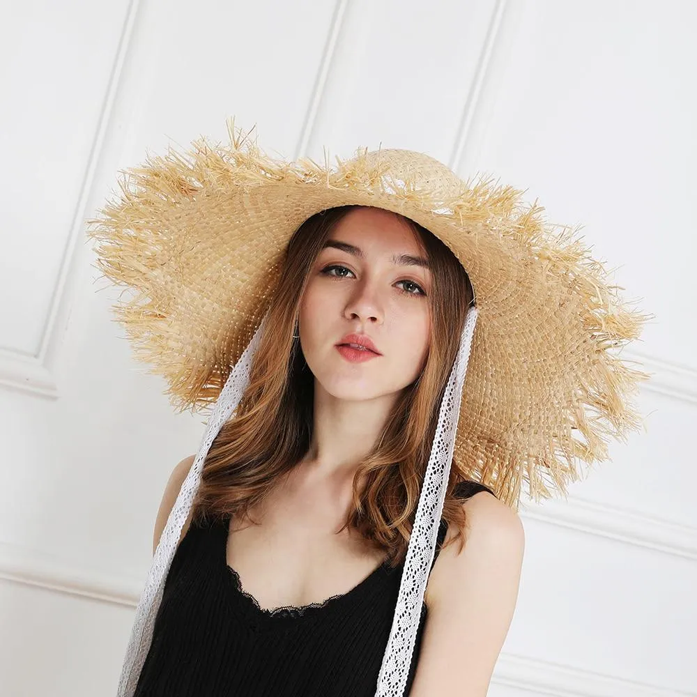 Lace strap straw hat bow wide grass female summer cap beach visor outdoor holiday beach sun protection hat Collapsible