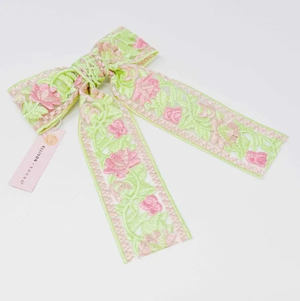 Lacey Flower Embroidered Bow Hair Clip