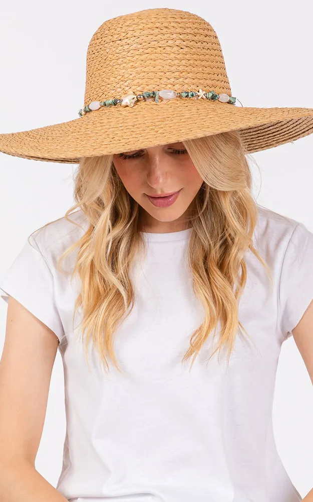 MH0209 FLOPPY SUN HAT W/TURQUOISE STONE & STARFISH BAND