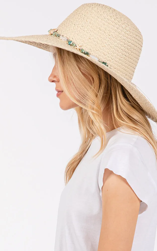 MH0209 FLOPPY SUN HAT W/TURQUOISE STONE & STARFISH BAND
