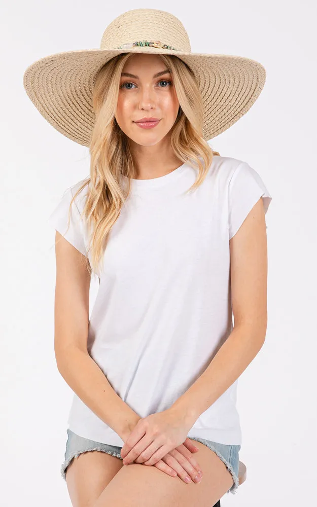MH0209 FLOPPY SUN HAT W/TURQUOISE STONE & STARFISH BAND