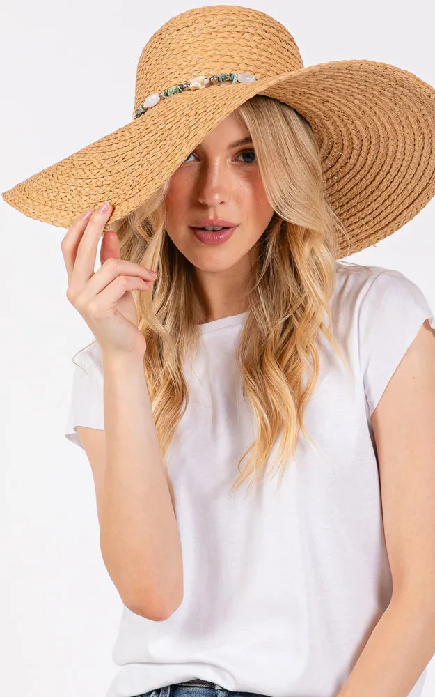 MH0209 FLOPPY SUN HAT W/TURQUOISE STONE & STARFISH BAND