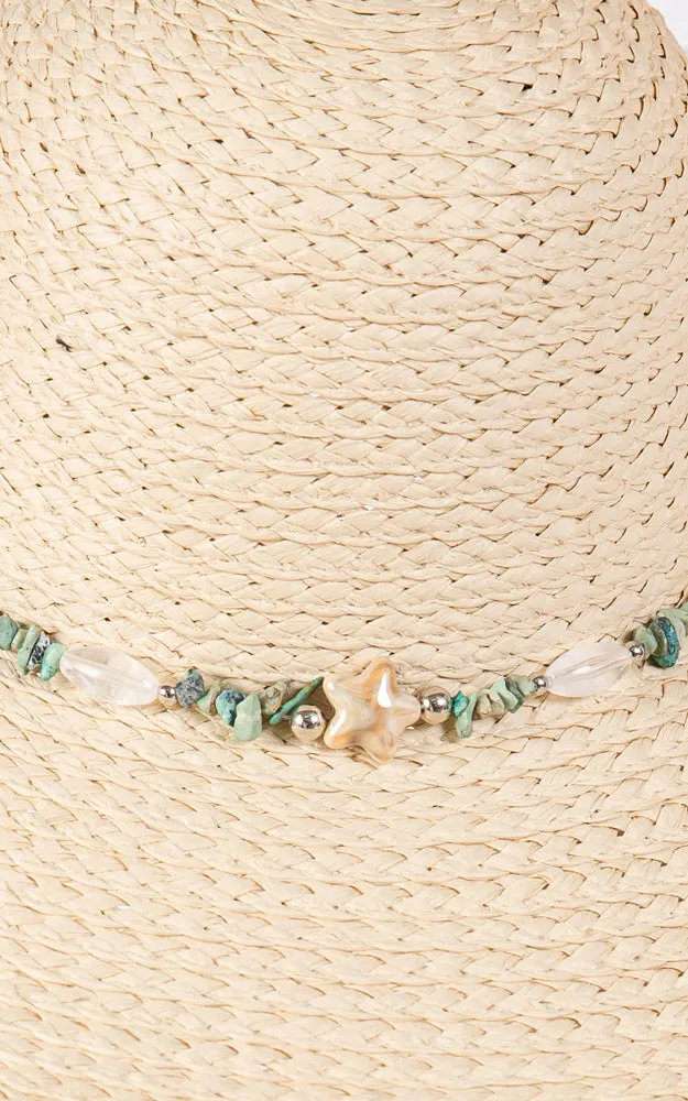 MH0209 FLOPPY SUN HAT W/TURQUOISE STONE & STARFISH BAND