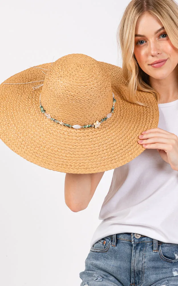 MH0209 FLOPPY SUN HAT W/TURQUOISE STONE & STARFISH BAND