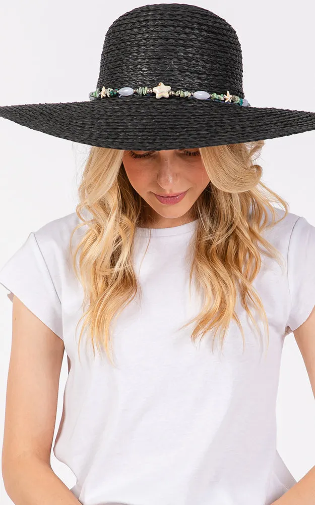 MH0209 FLOPPY SUN HAT W/TURQUOISE STONE & STARFISH BAND