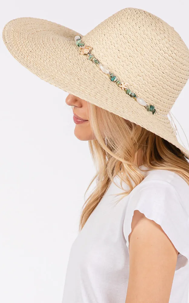 MH0209 FLOPPY SUN HAT W/TURQUOISE STONE & STARFISH BAND