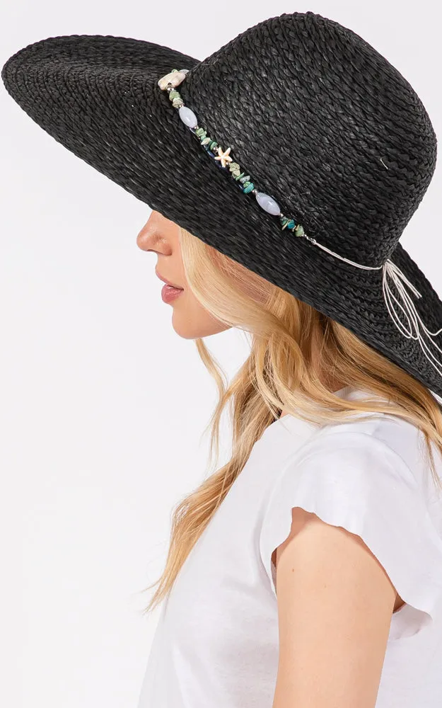 MH0209 FLOPPY SUN HAT W/TURQUOISE STONE & STARFISH BAND