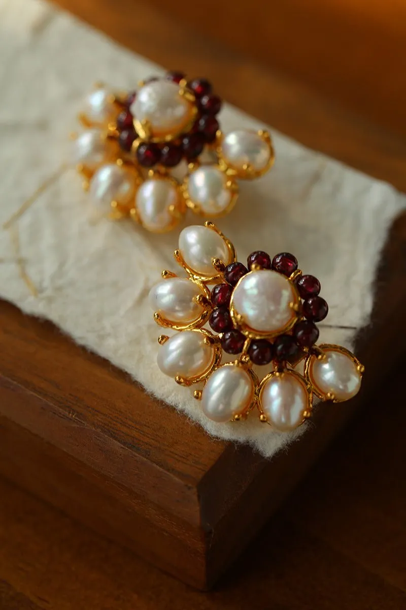 Natural Baroque Pearl Red Garnet Retro Earrings