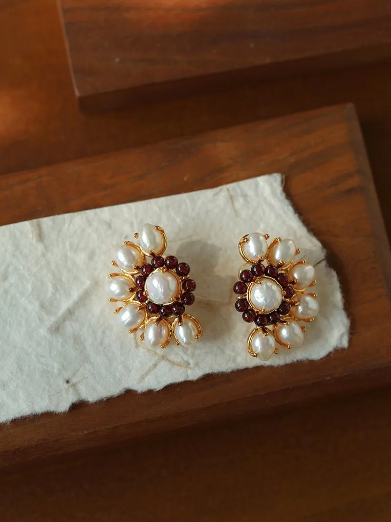 Natural Baroque Pearl Red Garnet Retro Earrings