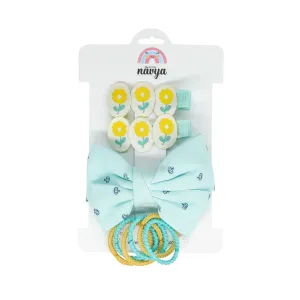 Out From A Fairytale Set of 3 Flower Adroned Tic Tac Hair clips , Bow Clip and Rubberbands (2-8 years) - Green and Yellow