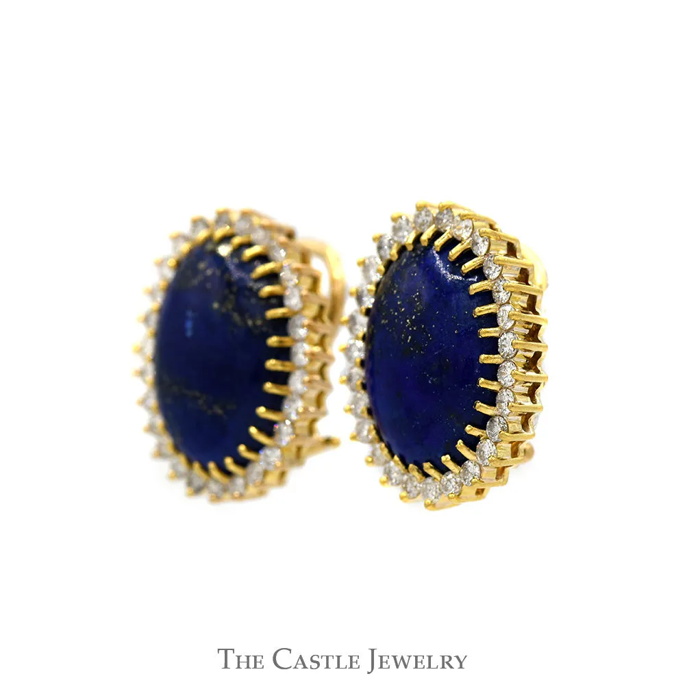 Oval Blue Lapis Clip On Earrings with 1cttw Diamond Halo Design in 14k Yellow Gold