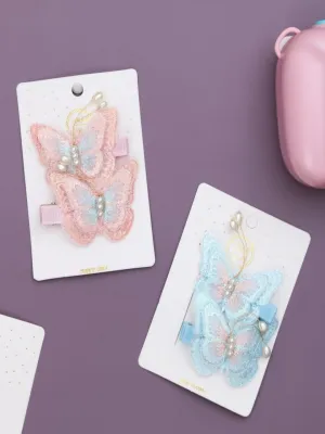 Pastel Dreams Collection: Sparkling Pink and Blue Butterfly Hair Clip, 2 Set with Delicate Pearl Detailing