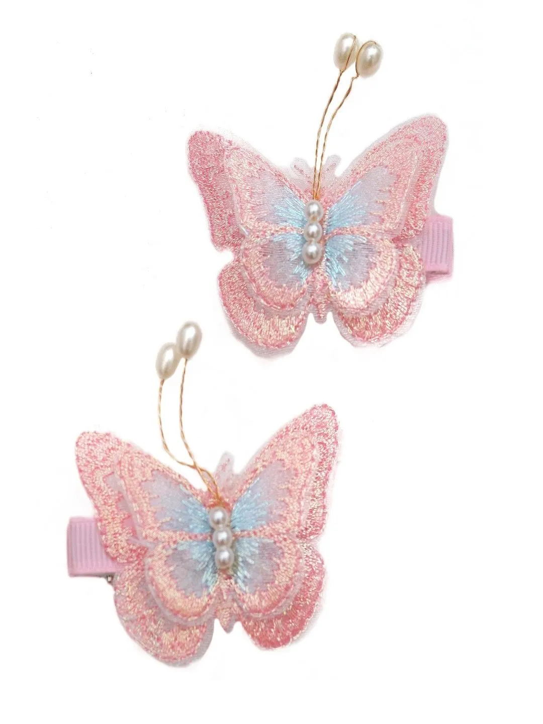 Pastel Dreams Collection: Sparkling Pink and Blue Butterfly Hair Clip, 2 Set with Delicate Pearl Detailing
