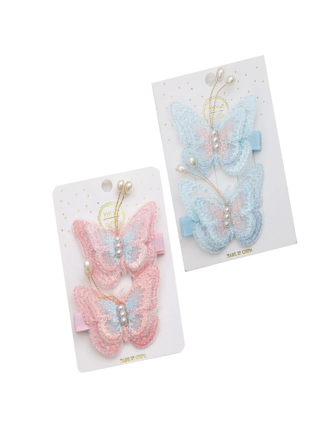 Pastel Dreams Collection: Sparkling Pink and Blue Butterfly Hair Clip, 2 Set with Delicate Pearl Detailing