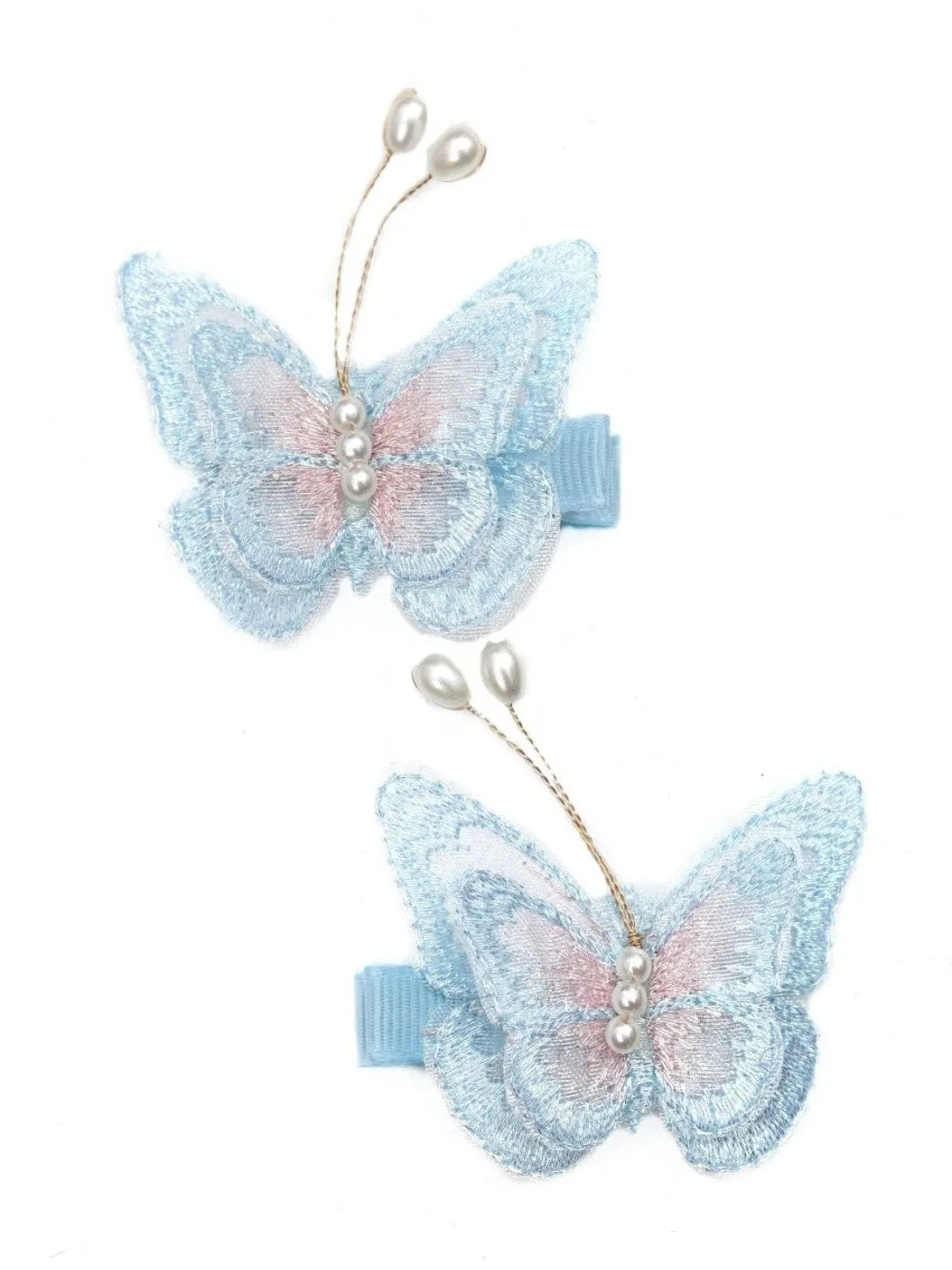 Pastel Dreams Collection: Sparkling Pink and Blue Butterfly Hair Clip, 2 Set with Delicate Pearl Detailing