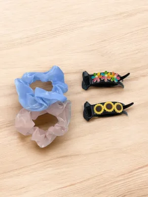 Pastel Scrunchies and Floral Hair Clips Set for Girls