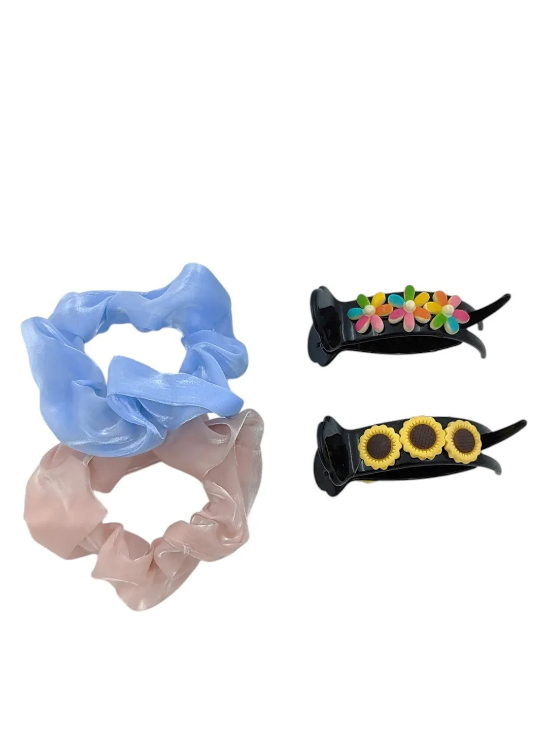Pastel Scrunchies and Floral Hair Clips Set for Girls