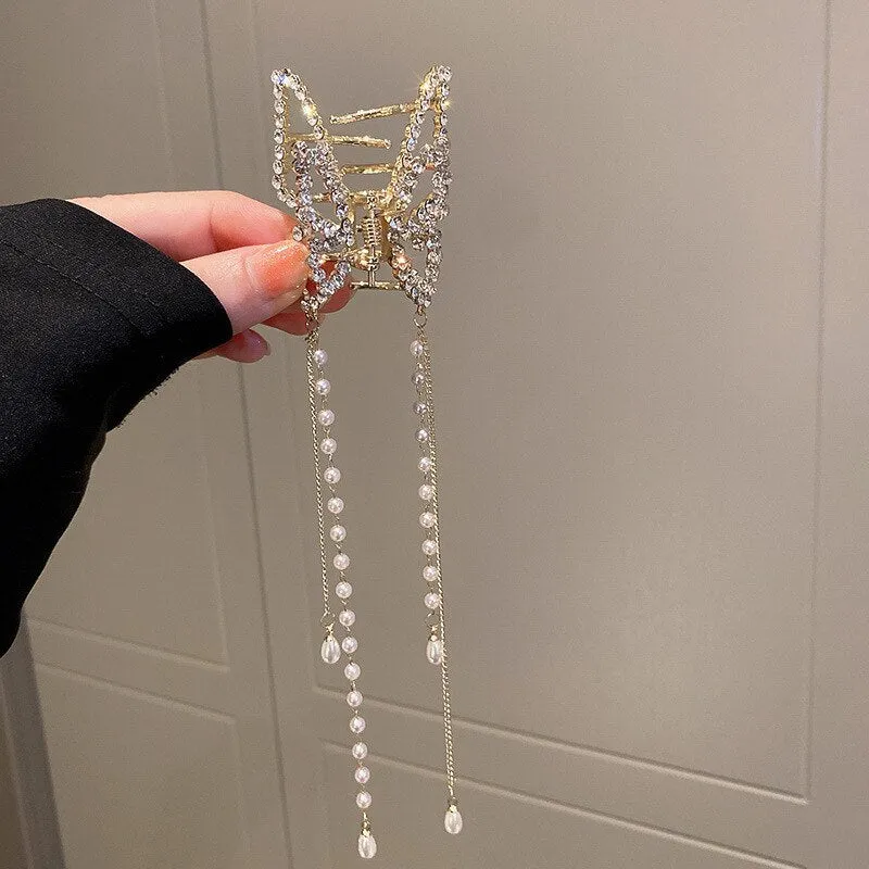 Pearl Lily Hair Clips with Butterfly Tassel