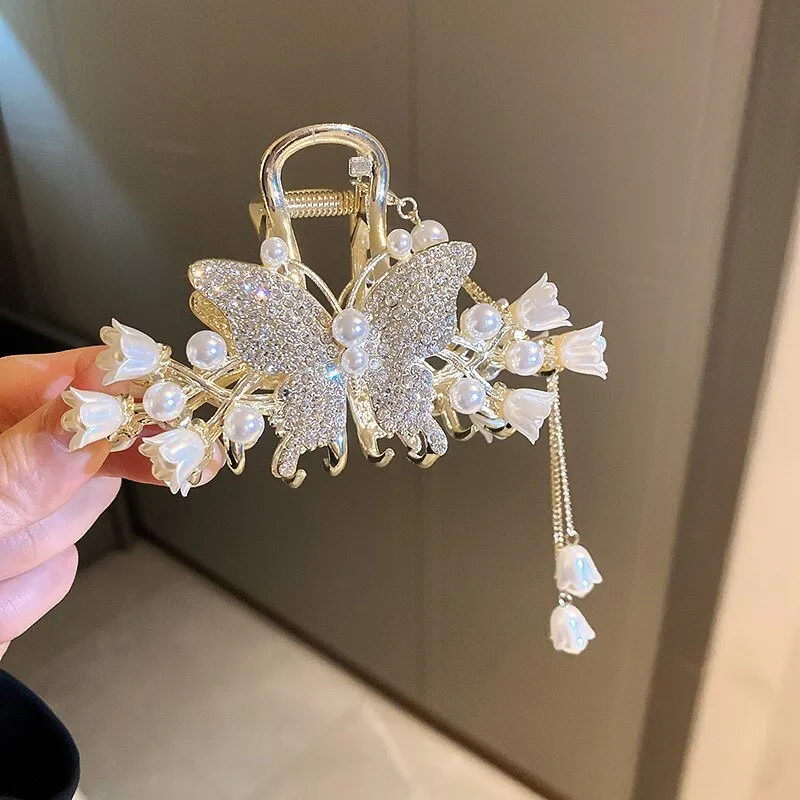 Pearl Lily Hair Clips with Butterfly Tassel