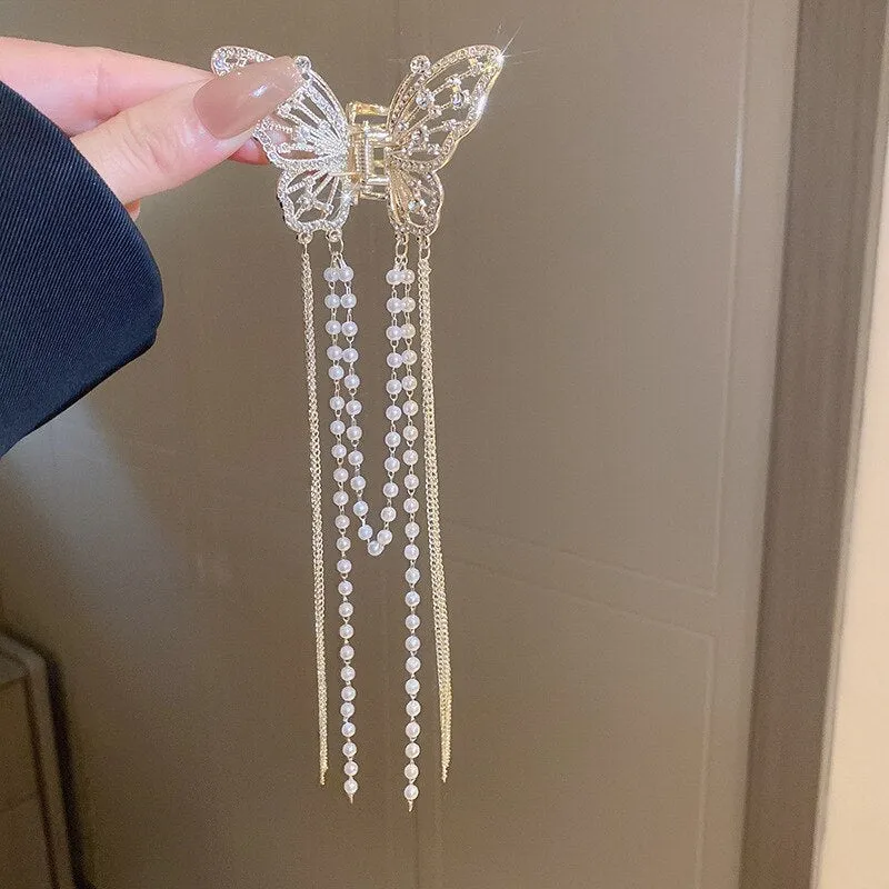 Pearl Lily Hair Clips with Butterfly Tassel
