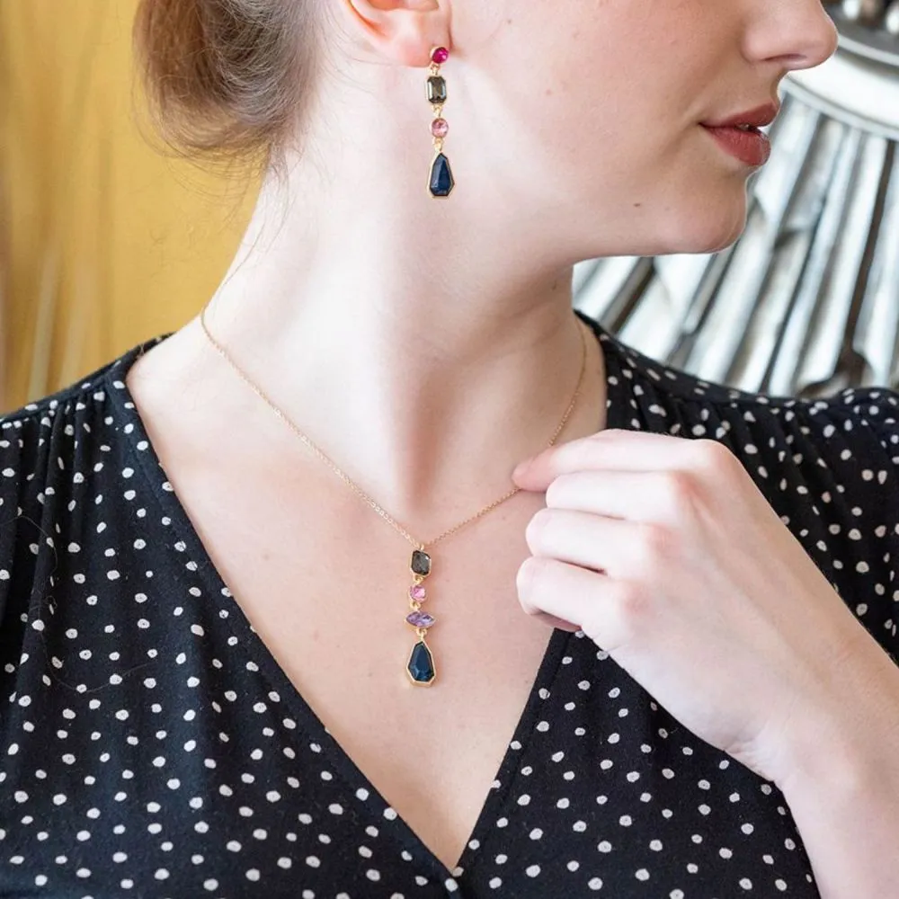 POM Blue and Pink Mix Crystal Multi Drop Necklace