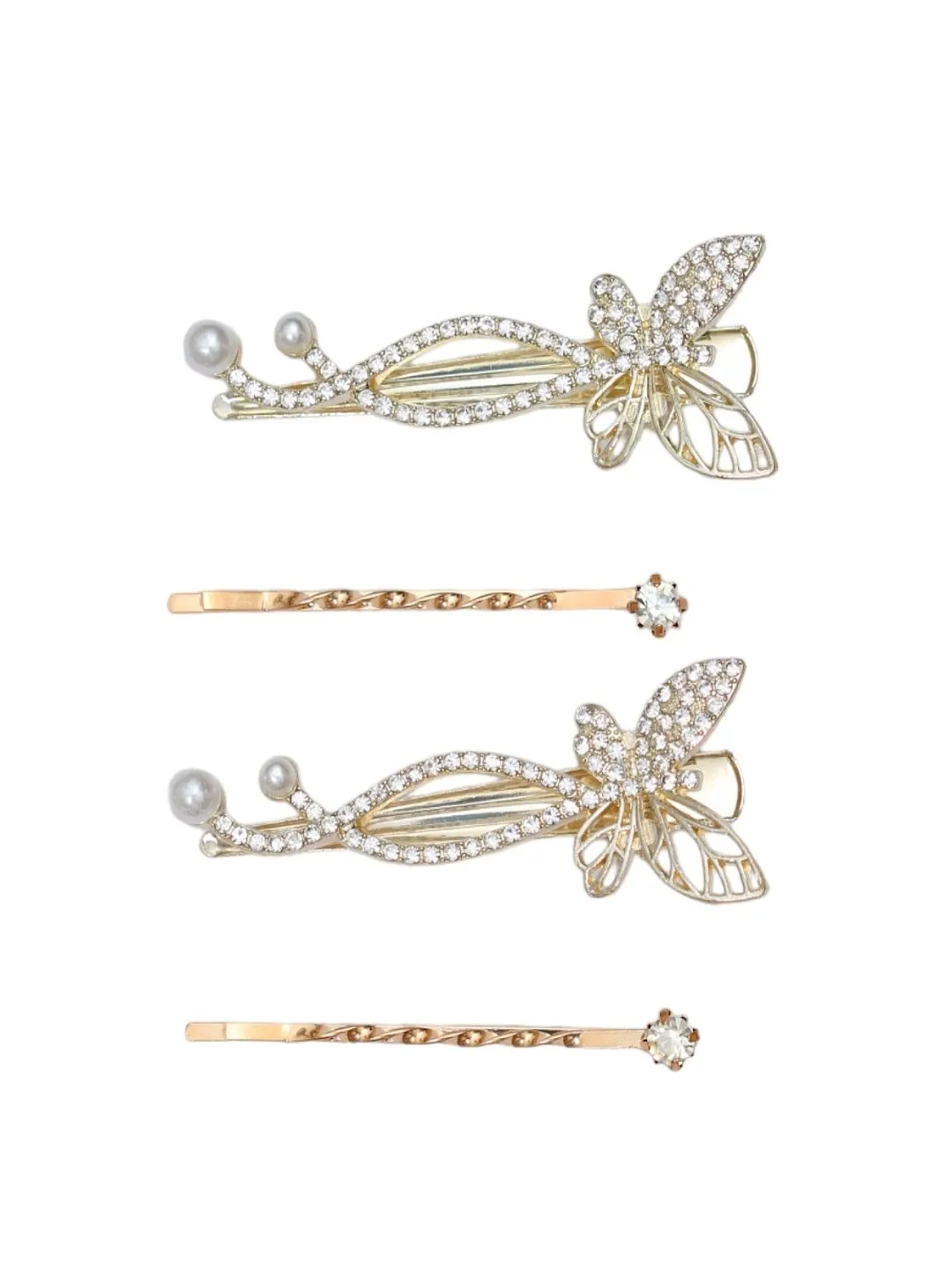 Rhinestone with Pearl Embellished Butterfly Hair Pin Set-Pack of 4, Golden & White