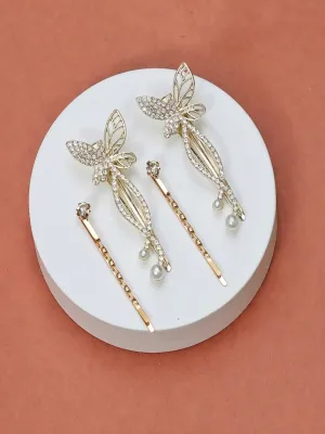 Rhinestone with Pearl Embellished Butterfly Hair Pin Set-Pack of 4, Golden & White