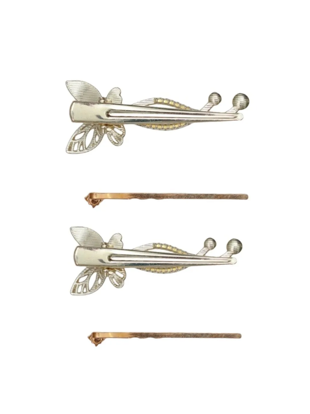 Rhinestone with Pearl Embellished Butterfly Hair Pin Set-Pack of 4, Golden & White