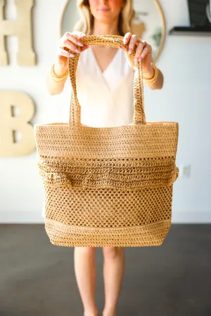 Ruffle Detail Crochet Straw Tote Bag