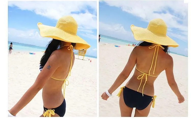 Solid Color Fashion Seaside Sun Visor Hat Large Brimmed Straw Sun Hat Folding Beach Hat
