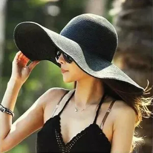 Solid Color Fashion Seaside Sun Visor Hat Large Brimmed Straw Sun Hat Folding Beach Hat