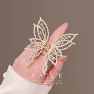 VAIGE Elegant Butterfly Zirconia & White Bead Hair Claw Clips in Gold and Silver