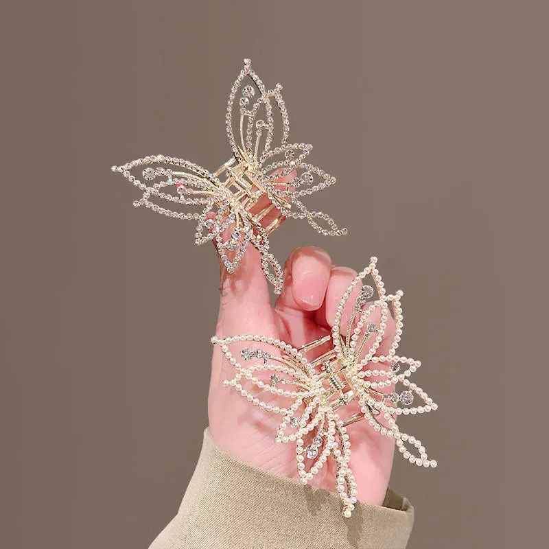 VAIGE Elegant Butterfly Zirconia & White Bead Hair Claw Clips in Gold and Silver
