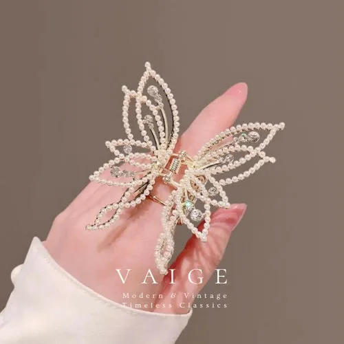 VAIGE Elegant Butterfly Zirconia & White Bead Hair Claw Clips in Gold and Silver
