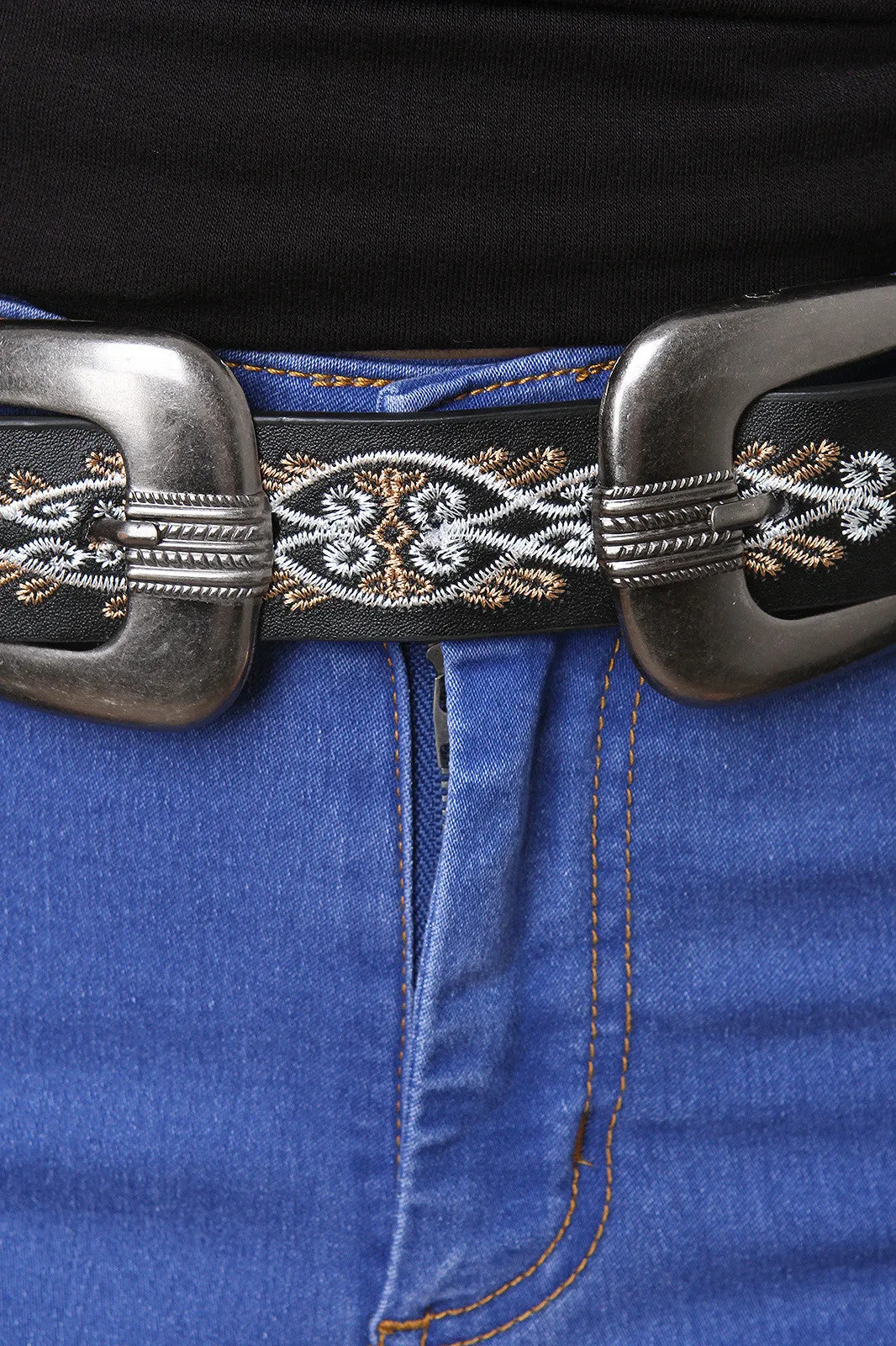 Vegan Leather Embroidered Swirls Belt
