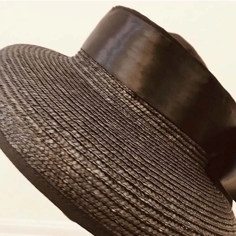 Women Exposed head Wide Brim Braid Straw Cap Summer Beach Hat with Long Ribbon Bow
