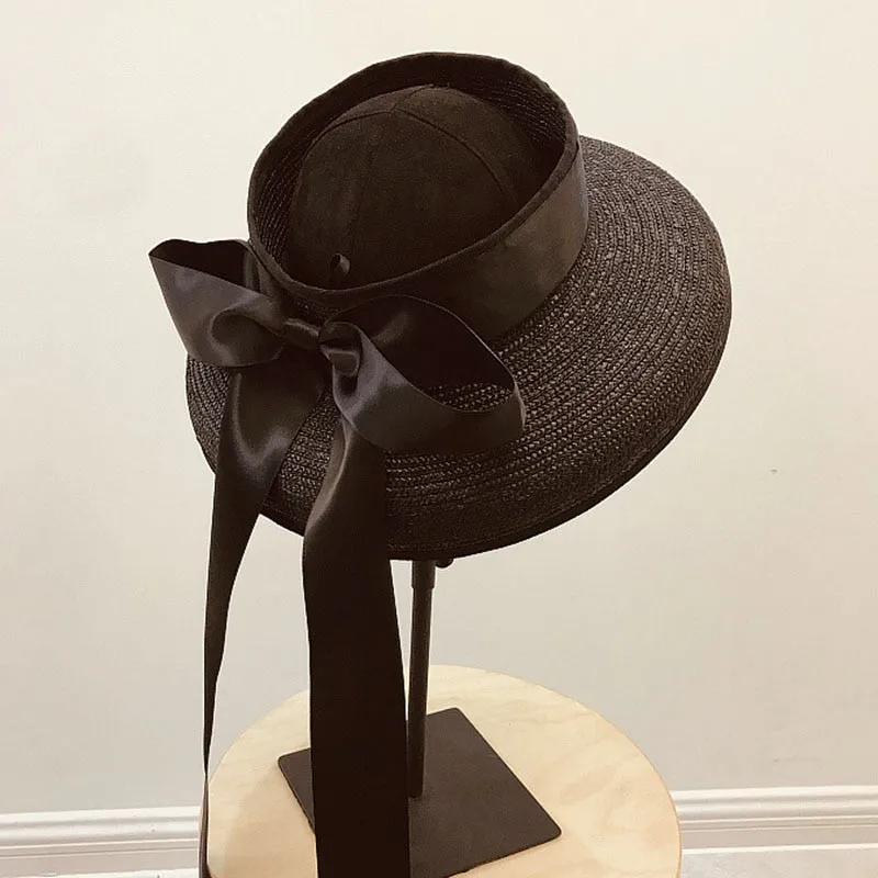 Women Exposed head Wide Brim Braid Straw Cap Summer Beach Hat with Long Ribbon Bow