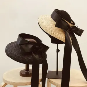 Women Exposed head Wide Brim Braid Straw Cap Summer Beach Hat with Long Ribbon Bow