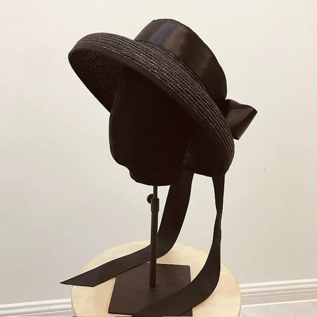 Women Exposed head Wide Brim Braid Straw Cap Summer Beach Hat with Long Ribbon Bow