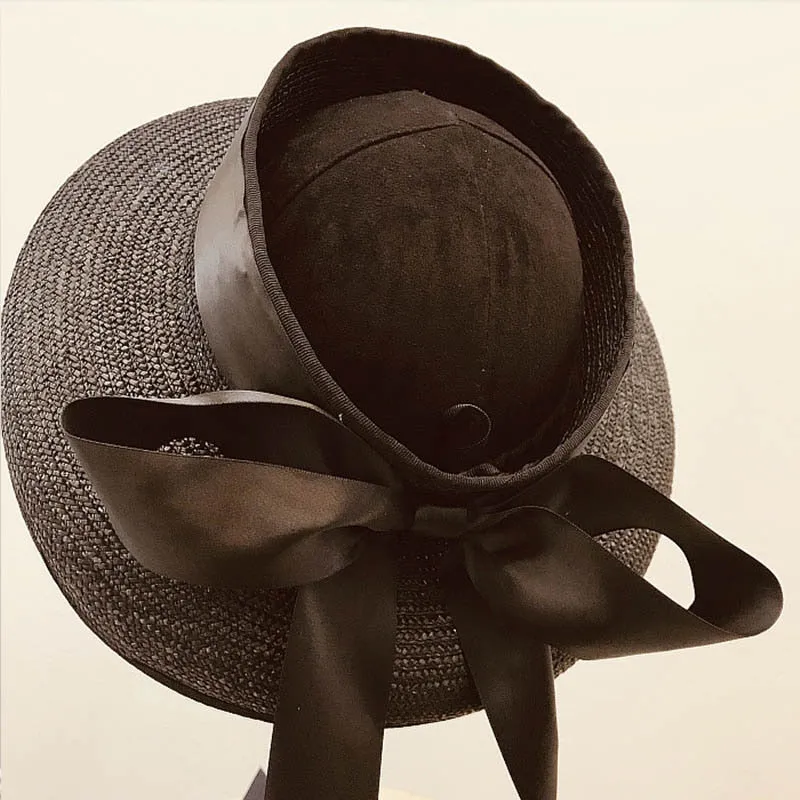 Women Exposed head Wide Brim Braid Straw Cap Summer Beach Hat with Long Ribbon Bow